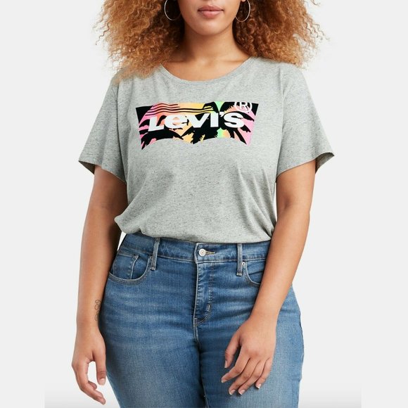 Levi's Women Plus Crewneck Short Sleeve Batwing Graphic Cotton T-Shirt Top Gray - Picture 1 of 5